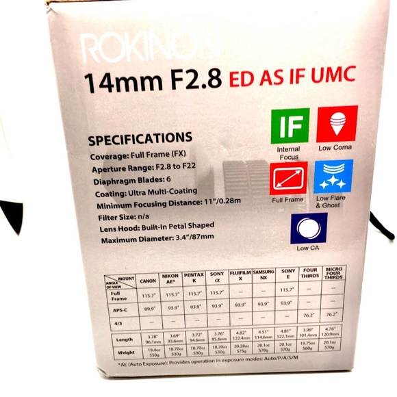 Rokinon 14mm F2.8 ED AS IF UMC Manual Focus Lens + AE Chip for Canon AE Camera - Picture 9 of 11
